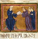 Der Hl. Benedikt übergibt die Klosterregel an Mönche (St. Gilles, Nimes 1129).