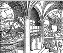 Großkaufmann im Kontor, Holzschnitt von H. Weiditz, ca. 1520
