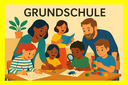 Grundschulkinder mit unterschiedlichen Hautfarben sitzen an einem Tisch, lernen entdeckend neue Dinge und sehen fröhlich aus. Sie schreiben oder tüfteln mit Bauklötzen. Dahinter stehen zwei Lehrkäfte, die den Kindern zugewandt sind und ebenfalls fröhlich blicken.