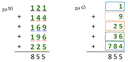 Hier steht die eindeutige Lösung zu b) 121 + 144 + 169 + 196 + 225 = 855 Rechts daneben steht die eindeutige Lösung zu c) 1 + 9 + 25 + 36 + 784 = 855