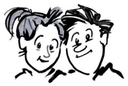 Karikatur: Köpfe von Frau und Mann, fröhlicher Gesichtsausdruck