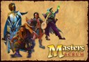Zu sehen sind die 'Masters of Scrum-Charaktere' als Fantasyfiguren in Anlehnung an die gängige Literatur: Ein Zwerk, ein Zauberer mit grünem Trank in der Hand, ein Musiker mit einem lautenähnlichen Instrument und ein Magier mit dunkler Haut und dunklen, langen Haaren in weißem Kostüm